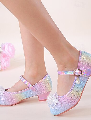  błyszczące, brokatowe buty typu Mary Jane dla dziewczynek z kokardką i perłami – kolory tęczy, wygodny obcas