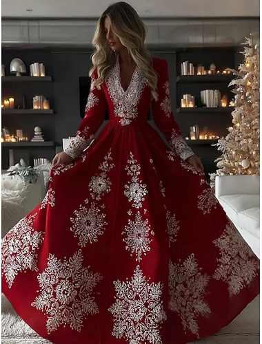  クリスマス レディース マキシドレス プリーツドレス パーティー カジュアル ボーホーデイリー デート 外出 レギュラーフィット グラフィック ロングスリーブ Vネック ワイン グリーン 秋 冬