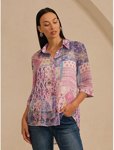  Blusa feminina roxo claro boêmio combinação estampa camisa gola frontal carcela falsa casual férias viagem primavera outono