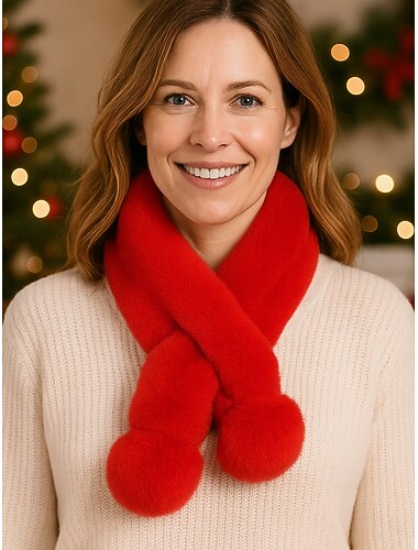sciarpa natalizia da donna in pelliccia sintetica di coniglio con pompon, accessorio invernale morbido e accogliente per feste e regali   sciarpa natalizia da donna in pelliccia sintetica di coniglio con pompon, accessorio invernale morbido e accogliente per feste e regali