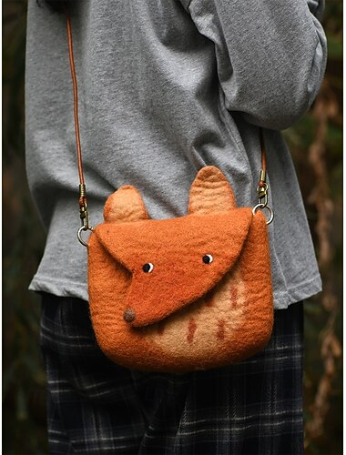  Dame filt crossbody taske, sød ræveformet skuldertaske, vintage håndlavet dyredesign håndtaske til damer afslappet daglig rejse