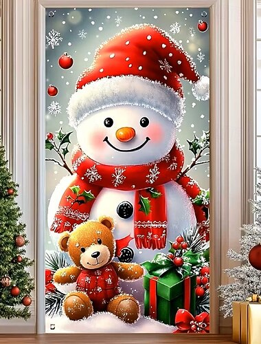  2D плоская рождественская занавеска для двери с рисунком снеговика и медведя, универсальная, подходит для украшения праздничных вечеринок и фотофонов, праздничный рождественский фон, праздничные