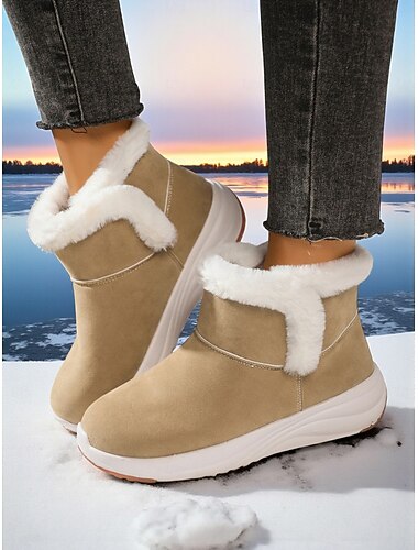  Women's Almond Faux Suede Winter Snow Boots with Warm Fleece Lining and Anti-Slip Soles, Casual Cozy Ankle Booties for Outdoor Cold Weather
