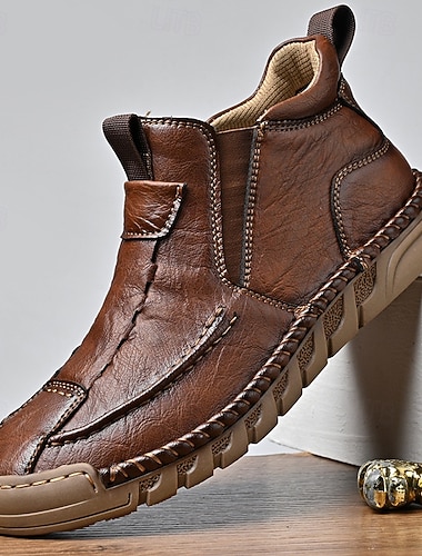 Botas masculinas de couro sintético marrom com zíper e sola antiderrapante, botas de trabalho duráveis no tornozelo para uso casual e diário   Botas masculinas de couro sintético marrom com zíper e sola antiderrapante, botas de trabalho duráveis no tornozelo para uso casual e diário