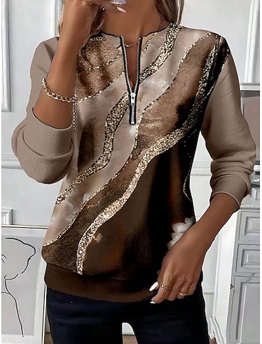  女性用 プルオーバースウェットシャツ ジップアップスウェットシャツ グラフィック 抽象的 ファッション カジュアル 長袖 クルーネック レギュラートップス ストリート 日常着 ジッパー プリント ルビーレッド ブルー パープル ブラウン グリーン 秋 冬