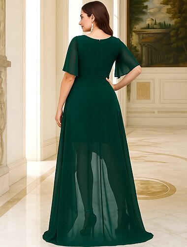  Γραμμή Α Μακρύ Επίσημο ένδυμα Βραδινή τουαλέτα Κοντομάνικο Στρογγυλή Ψηλή Λαιμόκοψη Κομψό Βίντατζ Μεγάλο Μέγεθος Σιφόν Πολυεστέρας Φόρεμα Μητέρας της Νύφης με Κέντημα
