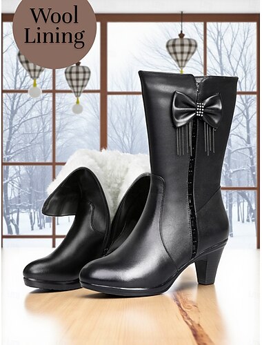  حذاء نسائي أسود من الجلد الصناعي مع بطانة صوفية للدفء، وقوس مزخرف وسحاب، وكعب سميك أنيق، مثالي لفصل الشتاء ومناسبات العطلات والملابس الأنيقة