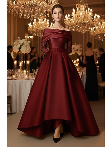  Linea ad A Lunghezza al pavimento Abito da Sera Da principessa Abito formale Elegante Setoso Manica Lunga Senza Spalle Matrimonio Formale Tasca Raso Raso Elasticizzato con Pieghe Perline