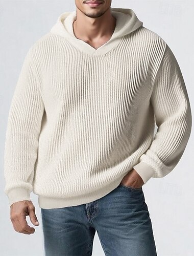  בגדי ריקוד גברים סוודר סוודר סוודר סרוג מצולע לִסְרוֹג חולצות רגילות סרוג אחיד עם קפוצ'ון אופנתי בסיסי חופשה לבוש יומיומי ביגוד סתיו חורף שחור חאקי M L XL