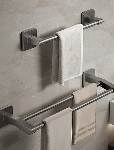 Porte-serviettes mural à deux pôles pour salle de bain, sans perforation, sans marque, gris pistolet   Porte-serviettes mural à deux pôles pour salle de bain, sans perforation, sans marque, gris pistolet
