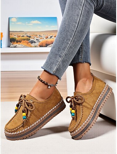  Dam Loafers Komfortskor Dagligen Resor Mors dag Strass Bård Platå Platt klack Rundtå Semester Ledigt Komfort Imitationsläder Snörning Brun Beige