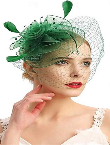  Stroik Tiul Pióro Kapelusz Fedora Ślub Herbaciane przyjęcie Wyścigi konne koktajl Elegancja Zabytkowe Z Pióro Kwiaty Winieta Nakrycia Głowy