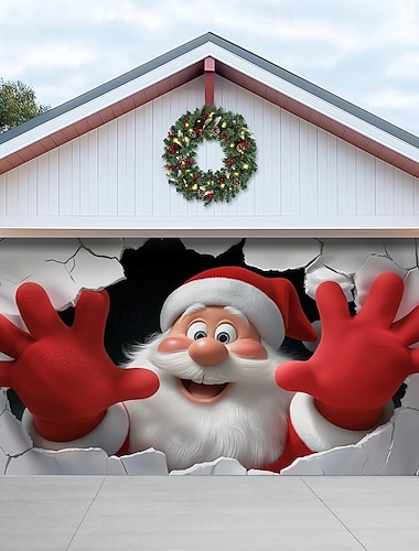  غطاء باب مرآب عيد الميلاد سانتا كلوز يخترق الحائط خلفية معلقة كبيرة لافتة حائط عطلة خارجية فناء منزل احتفالي ديكور حفلة ثلاثية الأبعاد مشهد عيد الميلاد الموسمي