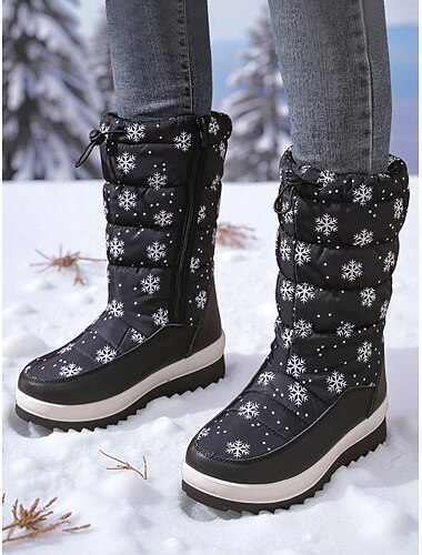 cizme de zăpadă albe pentru femei – cizme de iarnă impermeabile și călduroase cu imprimeu de zăpadă, talpă antiderapantă pentru zăpadă în aer liber și excursii în vacanță