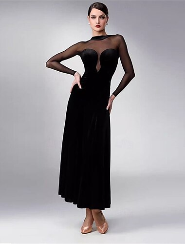  dames ballroom dansjurk zwart fluweel doorschijnend mesh lange mouwen elegante tango rumba foxtrot wedstrijdvoorstelling jurk