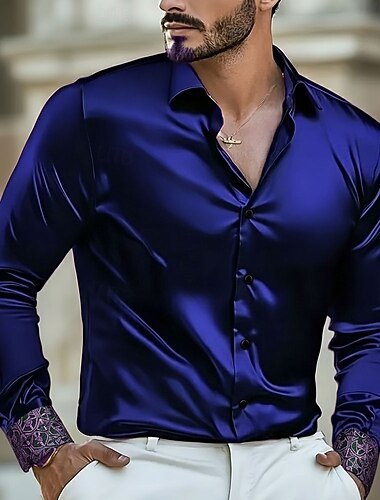  رجالي نموذج هندسي عرقي قميص قميص الساتان قميص رسمي كم طويل ريترو خمر عطلة مناسب للبس اليومي الصيف الربيع الخريف طوي طباعة ثلاثية الأبعاد قمصان بأزرار عنابي أزرق أرجواني أزرق داكن