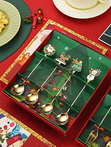  4 kpl joululusikka- ja haarukkasetti ruostumattomasta teräksestä valmistettu joulukuusi tee kahvi jälkiruoka jäätelöastiasto luova ruokailuvälinelahja kotiin lomajuhliin