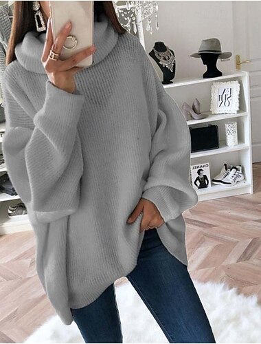  Mulheres Pulôver Elegante Férias Moda Côr Sólida Estriado Gola Alta Tricotado Manga Longa Tops regulares Tricotar Formal Ao ar livre Casa Branco Marron Primavera Outono