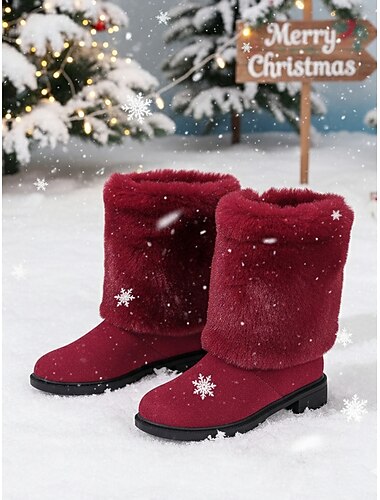  Naisten viininpunaiset tekoturkisjalkakengät pohkeen puoliväliin – lämpimät joulupukkityyliset lumikengät jouluun, juhla-asuihin ja ulkoiluun