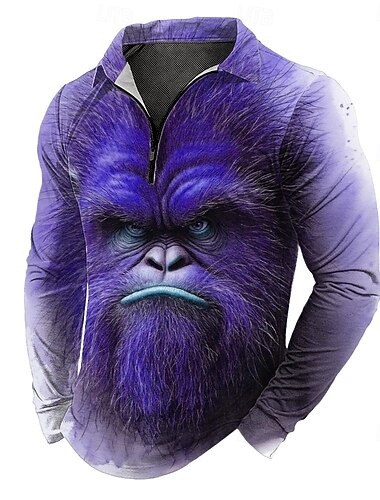  Herre Dyr Poloskjorter med glidelås Langermet Poloskjorter Knaphul Fritid utendørs Festivalantrekk 3D-utskrift Vår Høst Vinter Rød Lilla Grønn