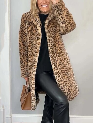  Per donna Cappotto Invernale Cappotto Caldo Confortevole Tasca Bottoni Moda Casual Leopardo Vacanza Casuale Abbigliamento quotidiano Weekend Regolare Lungo Collo ripiegato Vestibilità regolare Manica