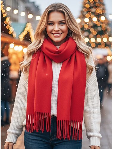  Juleskjerf med kasjmirfølelse til dame, mykt vintersjal i imitert kasjmir med dusker, varmt ensfarget sjal til høytid, utendørs og hverdagsbruk