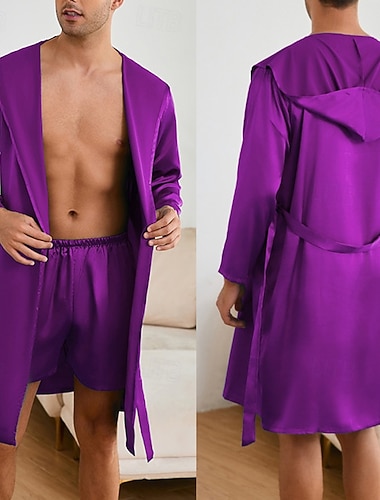  رجالي منامة رداء الحرير ملابس للنوم مجموعة بيجامات 1SET سهل موضة أنيق كلاسيكي المنزل مناسب للبس اليومي سرير بوليستر راحة ناعم هودي كم طويل الحزام متضمن الصيف الربيع أزرق بحيرة شامبانيا