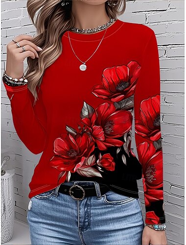  Γυναικεία Μπλουζάκι Φλοράλ Γραφική Φυτά Βίντατζ Μοντέρνα Στυλάτο Μακρυμάνικο Στρογγυλή Ψηλή Λαιμόκοψη Στρογγυλή Λαιμόκοψη Κανονικά μπλουζάκια Καθημερινά Σαββατοκύριακο Στάμπα Κρασί Φθινόπωρο Χειμώνας