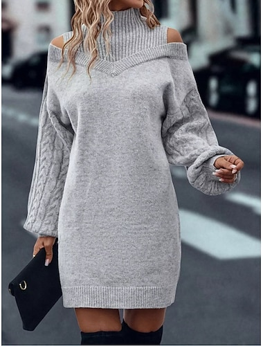  Damen Pullover Kleid Elegant Lässig Weich Einfarbig Gerippt Rollkragen Gestrickt Kalter Schulter-Schnitt Langarm Normale Oberteile Stricken Outdoor Täglich Wochenende Schwarz Grün Herbst Winter