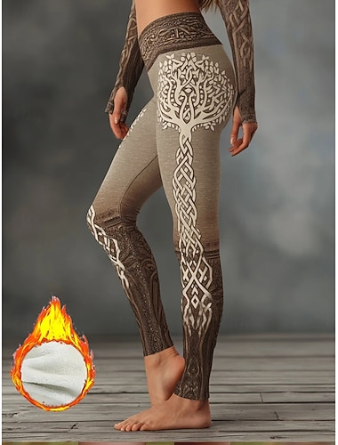  Női Viking Boho Leggings Kényelmes Leggings Vakáció Vintage Divat Teljes Hosszú Magas Derék Grafikus Geometriai Mintázat Nyomtatás Flízzel Hőszigetelő Meleg Kényelmes Rugalmas Vakáció Utca Sötétbarna