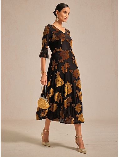  Női Midi ruha Bársony ruha Elegáns Esküvői vendég Koktélparty Randi Normál Virágos Féhosszú V-alakú Barna Tavasz Ősz Tél