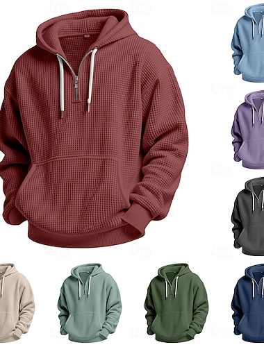  Herren Kapuzensweatshirt Waffle Kapuzensweatshirt Viertelreißverschluss Kapuzensweatshirt Weiß Hellgrün Armeegrün Rote Marineblau Mit Kapuze Einfach Kängurutasche Strukturiert Sport & Outdoor Lässig