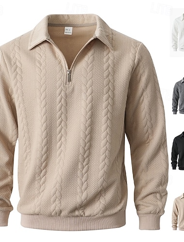  Herren Jacquard Sweatshirt Pullover Viertelreißverschluss Sweatshirt Schwarz Weiß Khaki Grau Revers Einfach Strukturiert Sport & Outdoor Lässig Täglich Streetwear Cool Sportbekleidung Frühling
