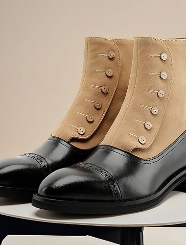 Botas masculinas pretas e bege de couro sintético – detalhe elegante de botão, design clássico com ajuste confortável, perfeitas para ocasiões formais e casuais elegantes   Botas masculinas pretas e bege de couro sintético – detalhe elegante de botão, design clássico com ajuste confortável, perfeitas para ocasiões formais e casuais elegantes