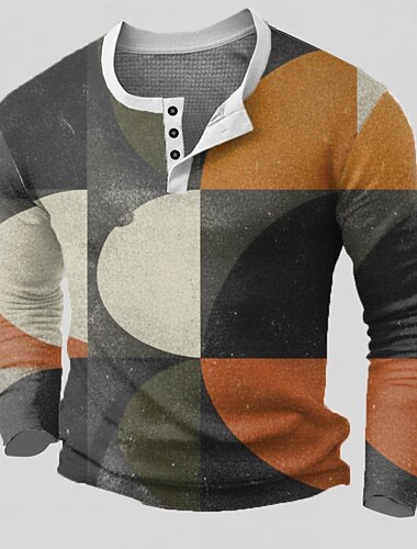  Муж. Геометрический принт Контрастных цветов Вафельная рубашка Henley Повседневный стиль Классический Длинный рукав Мода Оригинальный рисунок Классический на открытом воздухе Повседневные