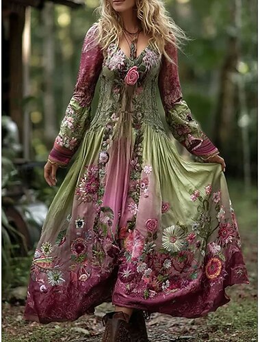  Damen Maxi-Kleid A-Linie Kleid Fit und Flare Kleid Vintage Boho Date Regelmäßige Passform Blumengrafik Langarm V-Ausschnitt Grün Frühling Herbst Winter