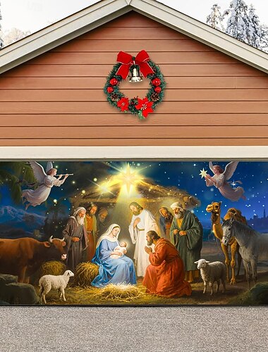  Papier peint de Noël pour porte de garage, motif traîneau du Père Noël et rennes, bâche résistante et imperméable pour décoration extérieure de jardin et articles de fête.