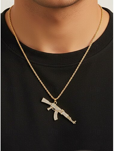  Herren-Halskette mit Anhänger aus Legierung und Strass-Pistolen-Design, Hip-Hop-Bling-Schmuckkette, modisches Statement-Accessoire für Partys, Konzerte und Streetwear
