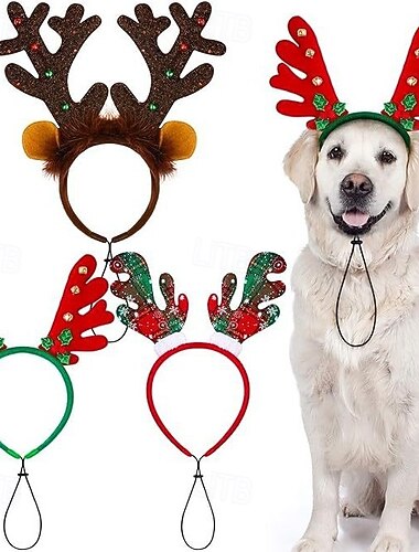  Χριστουγεννιάτικη κορδέλα με κέρατα ταράνδου για σκύλους και γάτες - εορταστική στολή κατοικίδιων με ρυθμιζόμενο λουράκι για το πηγούνι - εορταστικό φωτογραφικό σκηνικό &αξεσουάρ πάρτι