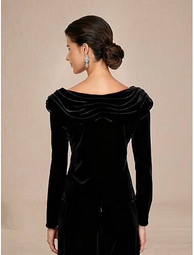  بلوزة نسائية لعيد الميلاد، بلوزات أنيقة مخملية بلون سادة، أكمام طويلة، رقبة دائرية، بلوزات عادية، حفلات مسائية، أسود، خريف وشتاء