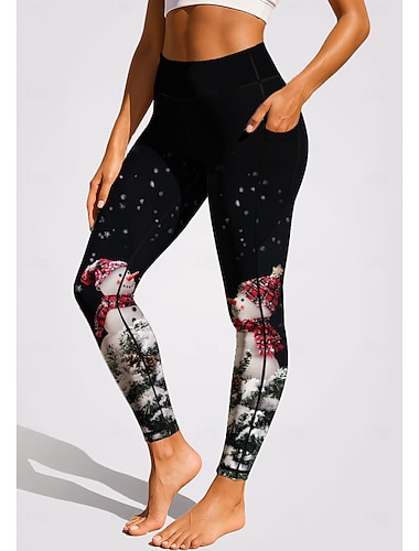  Noël Femmes leggings de pilates Pantalons de fitness Jambières de gymnastique Poches Droit de timbre Poches Latérales Pilates Salle de sport Entraînement en salle Pantalons Collants Leggings Noël