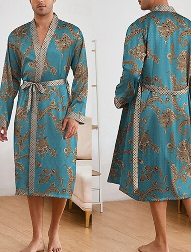  Ανδρικά Πυτζάμες Μεταξωτή ρόμπα Ρουχισμός Ύπνου Σετ Πυτζάμες 1set Γραφικά Σχέδια Μοντέρνα Στυλάτο Κλασσικό Σπίτι Καθημερινά Κρεβάτι Πολυεστέρας Άνεση Moale Λαιμόκοψη V Μακρυμάνικο Περιλαμβάνεται Ζώνη