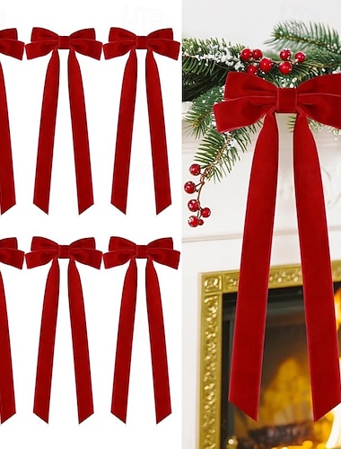  6 st. stor julkrans i sammet med rosett och trappsteg, 45 cm x 20 cm, retro bandfluga, tvinnad slips, lämplig för julgransdekoration inomhus och utomhus