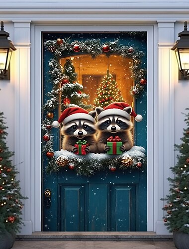 Couverture de porte de Noël avec des ratons laveurs mignons, rideau de porte de vacances 3D avec des chapeaux de Père Noël et des cadeaux, décoration de porte d'entrée d'hiver pour la décoration   Couverture de porte de Noël avec des ratons laveurs mignons, rideau de porte de vacances 3D avec des chapeaux de Père Noël et des cadeaux, décoration de porte d'entrée d'hiver pour la décoration