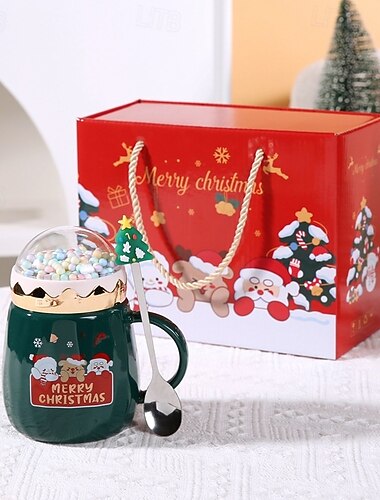  Julegavekrussett, høytidskule keramisk kopp med lokk og skje, gaveeske med hvitt porselensk kaffekrus, perfekt jule- og festgave