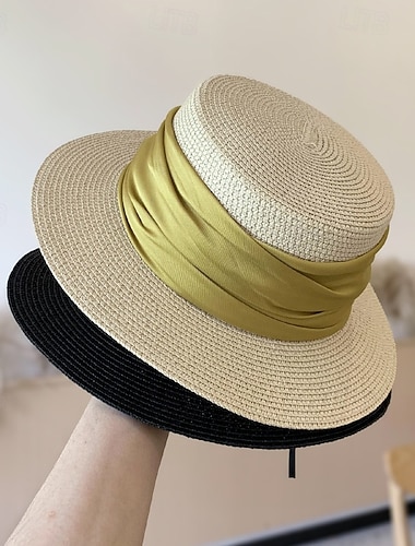 Cappelli Poliestere Paglia Cappello di paglia Cappello da Sole Matrimonio Ferie Tè Corsa di Cavalli Cocktail Elegante Vintage Protezione Solare Con Nastri Copricapo Copricapo   Cappelli Poliestere Paglia Cappello di paglia Cappello da Sole Matrimonio Ferie Tè Corsa di Cavalli Cocktail Elegante Vintage Protezione Solare Con Nastri Copricapo Copricapo