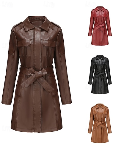  Γυναικεία Jeci Piele Καμπαρντίνα Δερμάτινο παλτό Άνετο Κουμπιά Καθημερινό Σκέτο ΕΞΩΤΕΡΙΚΟΥ ΧΩΡΟΥ Διακοπές Αργίες Εξόδου Μακρύ Απορρίπτω Κανονικό Μακρυμάνικο Εξωτερικά ενδύματα Μαύρο Κρασί Καμηλό