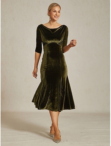 نسائي فستان ميدي فستان شيث أنيق ضيف حفل زفاف حفلة كوكتيل لون الصلبة 3/4 الكم رقبة عالية مدورة زيتي الربيع الخريف الشتاء   نسائي فستان ميدي فستان شيث أنيق ضيف حفل زفاف حفلة كوكتيل لون الصلبة 3/4 الكم رقبة عالية مدورة زيتي الربيع الخريف الشتاء