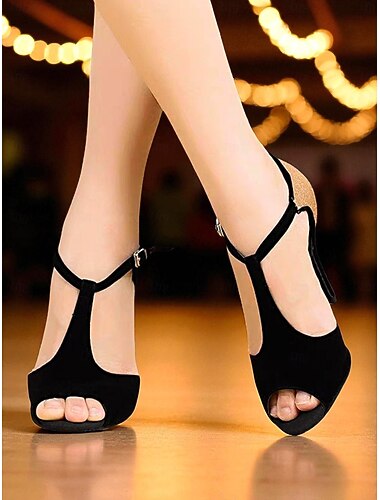  Damskor med svart och guld glitter i ballroom-stil - peep toe-sandaler med hög klack och t-rem för Gatsby-fest &professionell dansfest