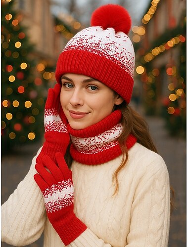  مجموعة قبعات عيد الميلاد النسائية المحبوكة والقفازات والوشاح، قفازات متوافقة مع شاشات اللمس، ألوان متعددة، إكسسوارات شتوية مريحة لموسم العطلات